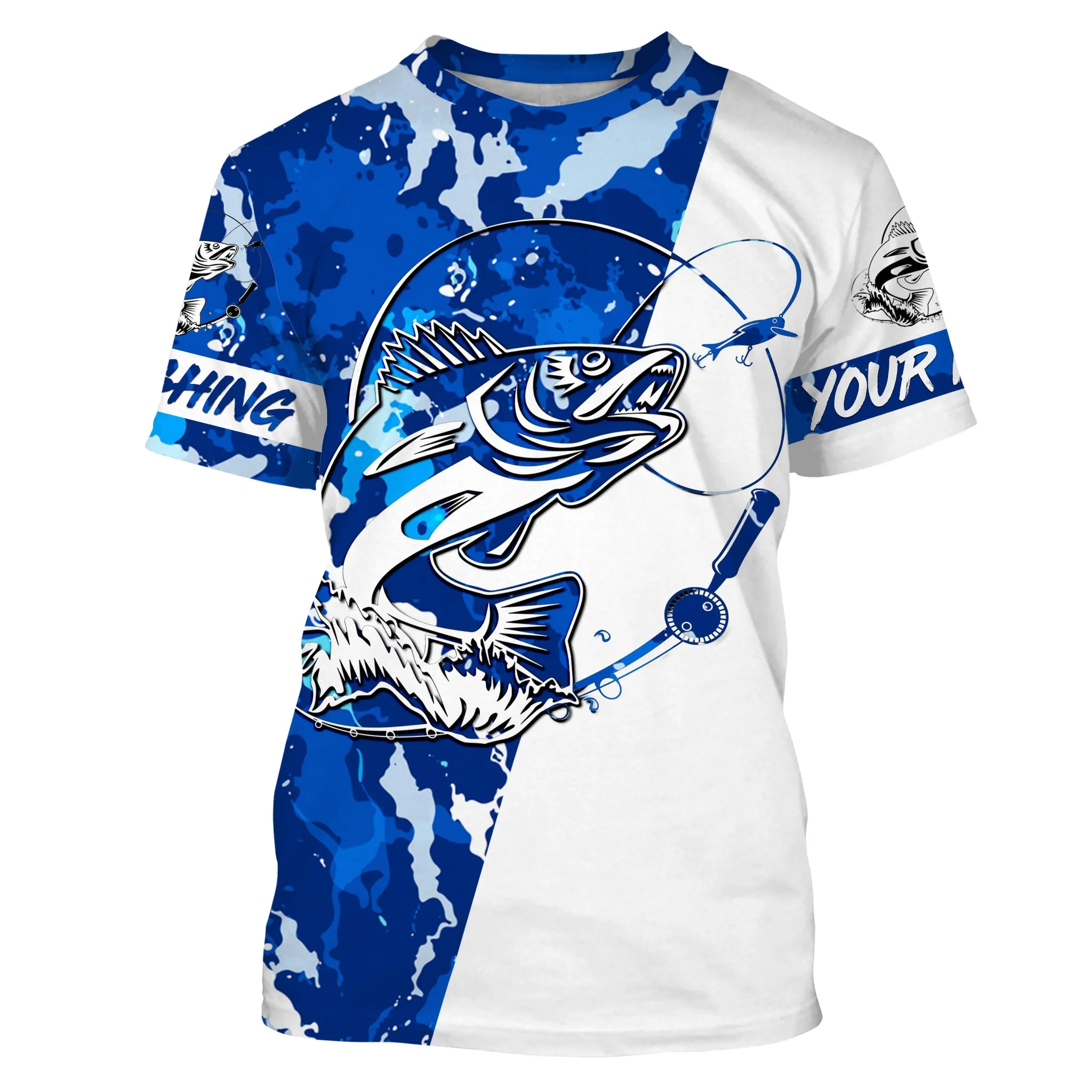 Walleye Fishing Blue Sea Camouflage Custom Name 3D Long Sleeve Shirts, Walleye Fishing Jerseys