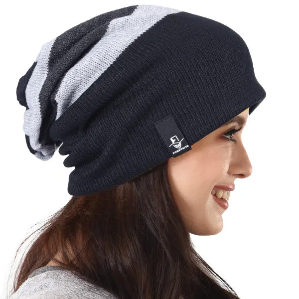 Women Knit Striped Slouchy Beanie Hat B308