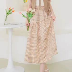 Wrinkle Free Elastic Waist Ruffle Plaid Long Maxi Skirt
